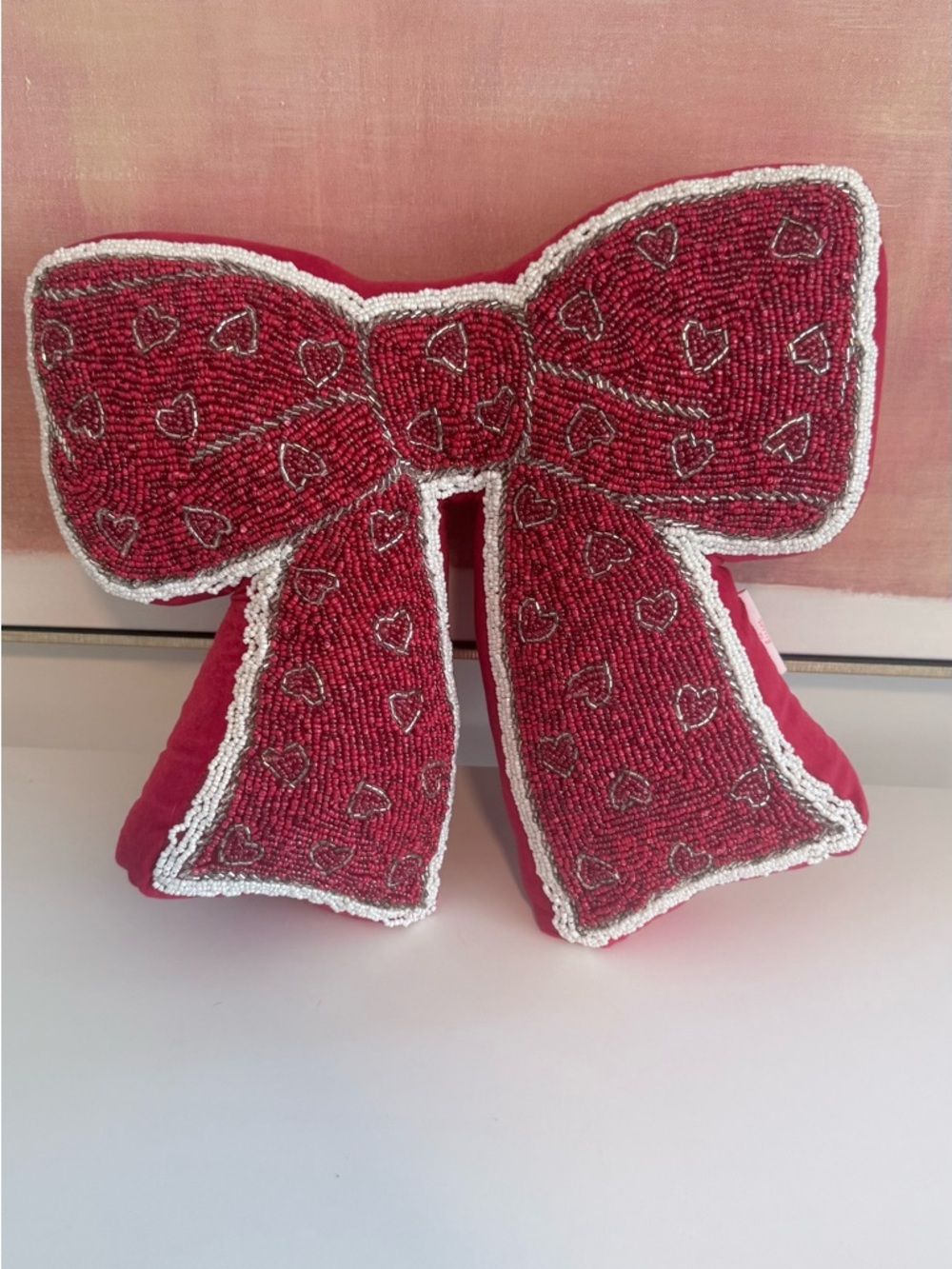 Beaded Red Bow Kids Accessory Pillow - Decorative Hairbow Cushion